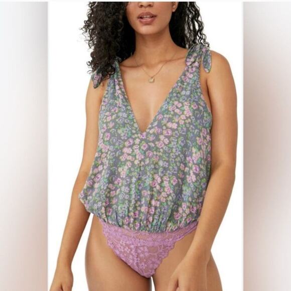 FREE PEOPLE Bare it All Thong Bodysuit Chambray Combo Size Medium - Picture 4 of 12